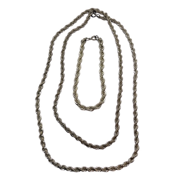 90 grams Vintage sterling silver thick rope chain long necklace & bracelet set - Picture 1 of 16